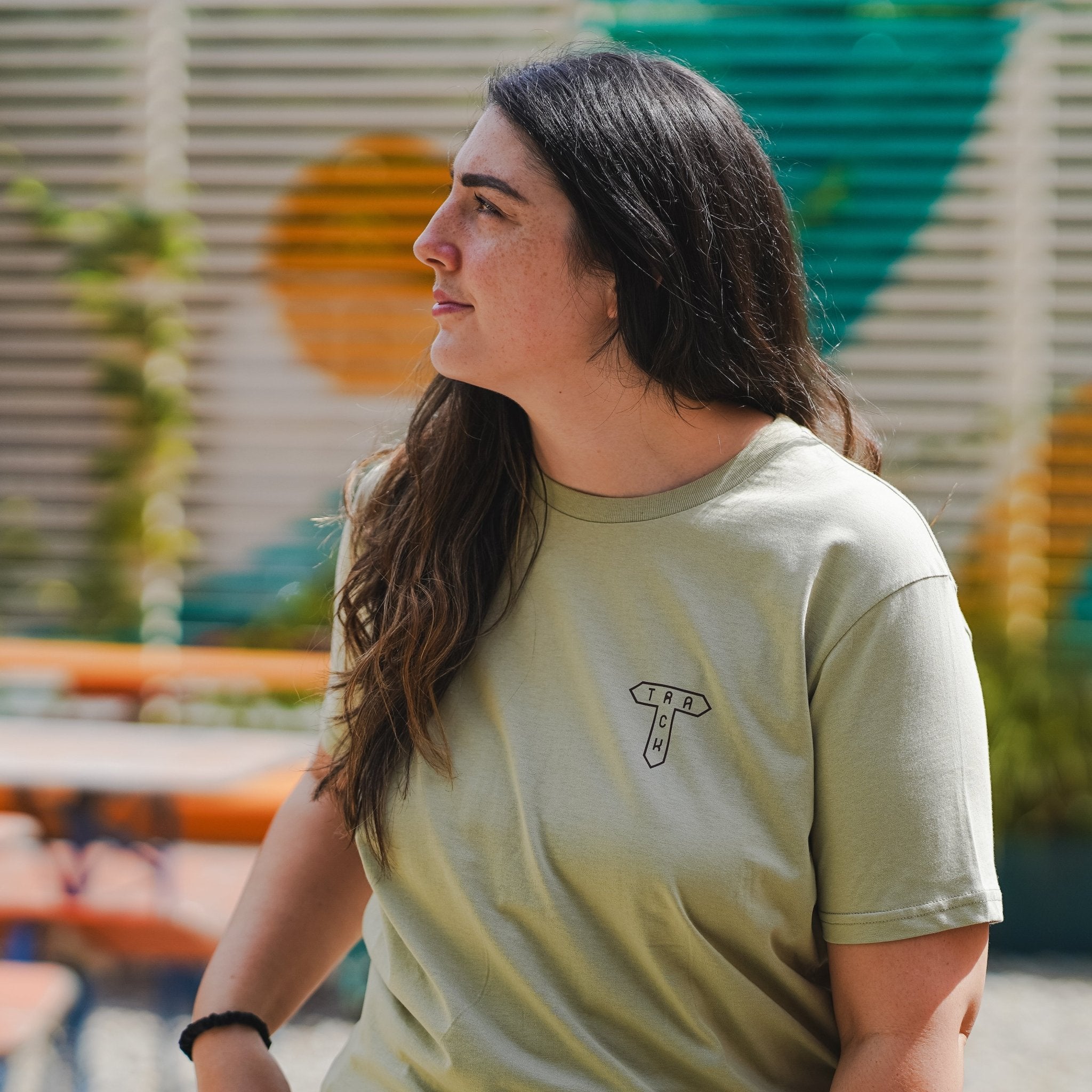 Track Logo & Shield Tee - Sage Green & Brown - Track Brewing Company Limited